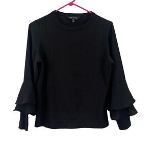 MING WANG Blouse Size Petite Extra Small Top Black Ruffle Sleeve Classic Shirt